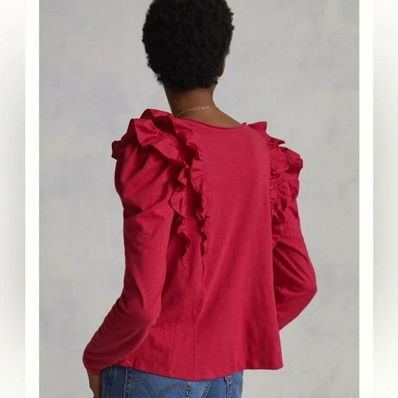 Anthropologie Dark Pink Ruffled V-Neck Top Long Sleeve Size XXS - Picture 4 of 5